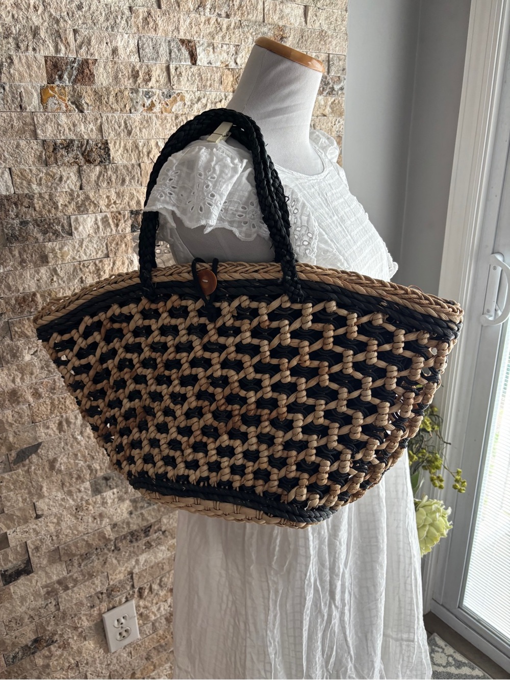 Handwoven Black and Natural Straw Tote Bag